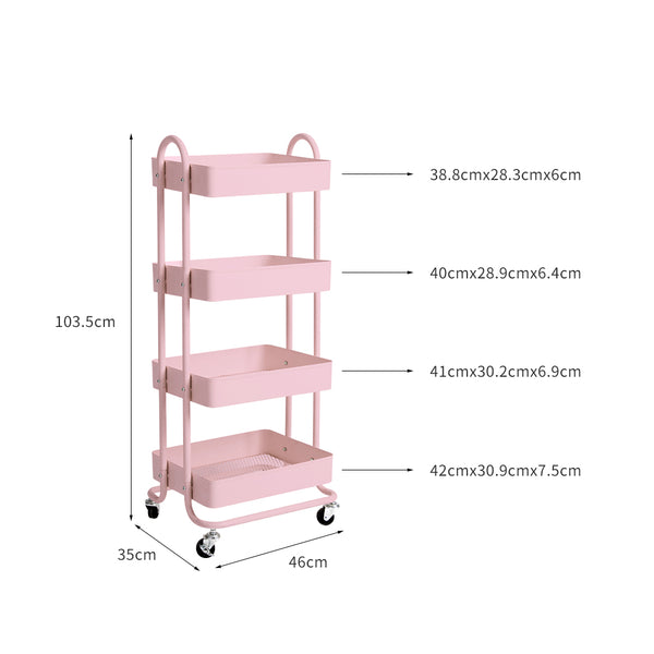 4Tiers Kitchen Trolley Organizer-Pink